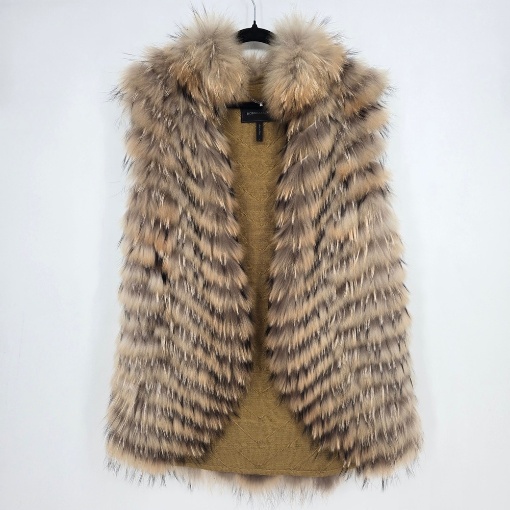 BCBGMaxAzria Real Asiatic Raccoon Fur Wool Blend Knit Vest Womens L Fall Glam